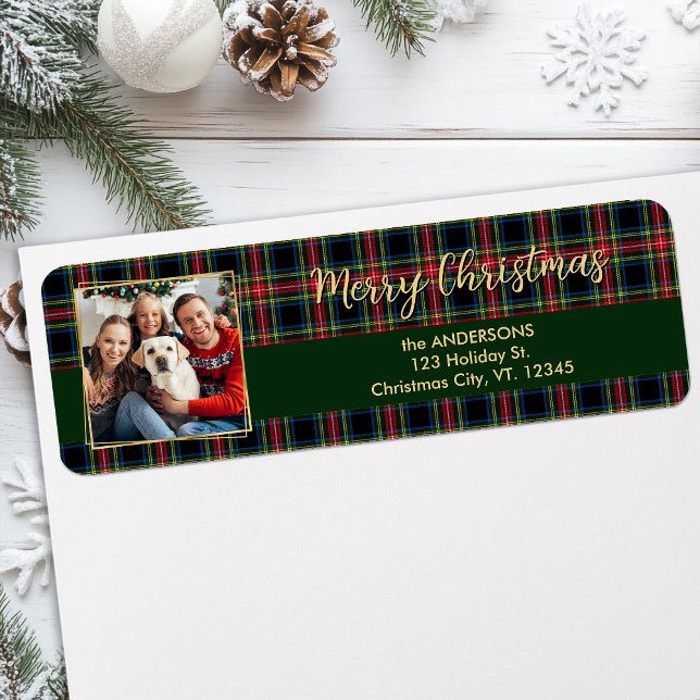 Christmas Plaid Gold Family Photo Return Adresse (Créateur téléchargé)