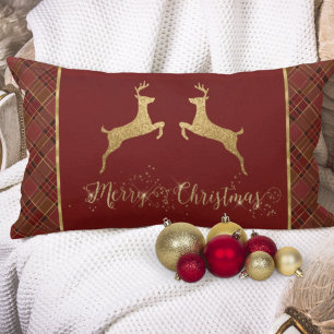 Christmas Plaid Gold Foil Deer Lumbar Pillow