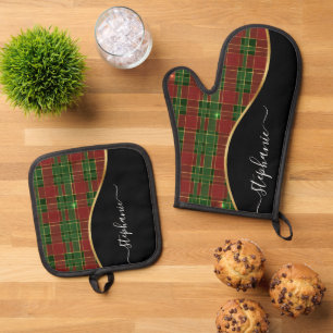 Christmas Plaid Gold Personalized Oven Mitt & Pot Holder Set