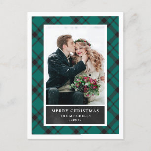 Christmas Plaid   Green and Black Two Photo Holiday Postcard