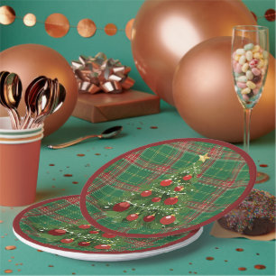 Christmas Plaid Green, Red with Gold Paper Plate