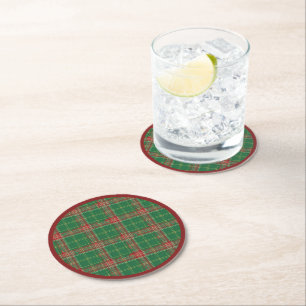 Christmas Plaid Green, Red with Gold Round Paper Coaster