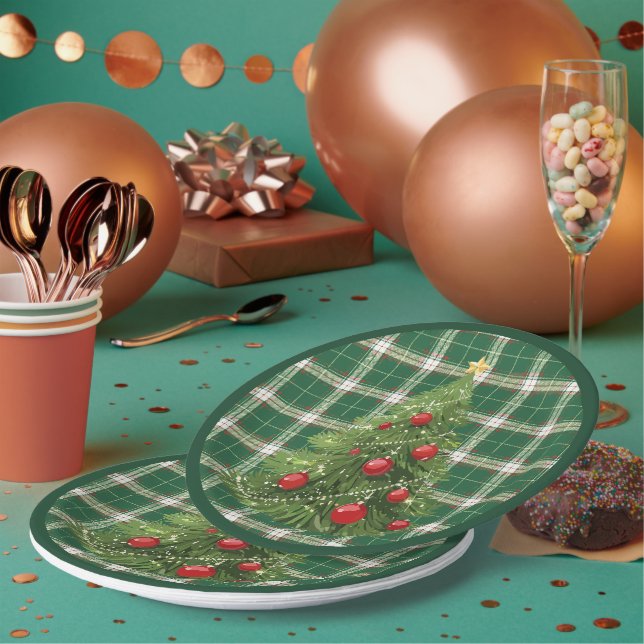 Christmas Plaid Green, White, with Red, Gold Paper Plate (Multi)