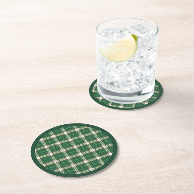 Christmas Plaid Green, White, with Red, Gold Round Paper Coaster (Insitu)
