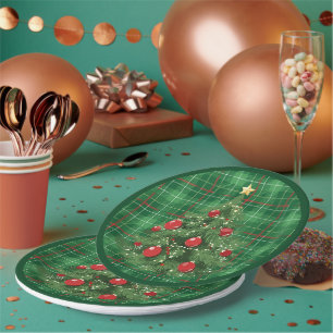 Christmas Plaid Green with Red Paper Plate