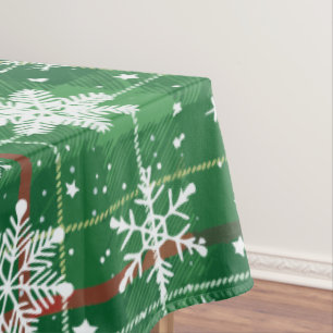 Christmas Plaid Green with White Snowflakes Tablecloth