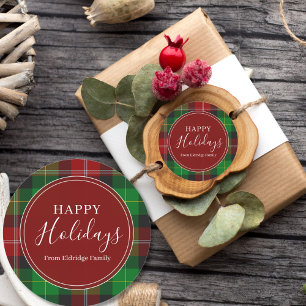 Christmas Plaid Happy Holidays Family Name  Classic Round Sticker