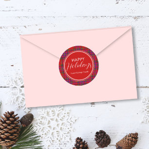 Christmas Plaid Happy Holidays Family Name  Classic Round Sticker