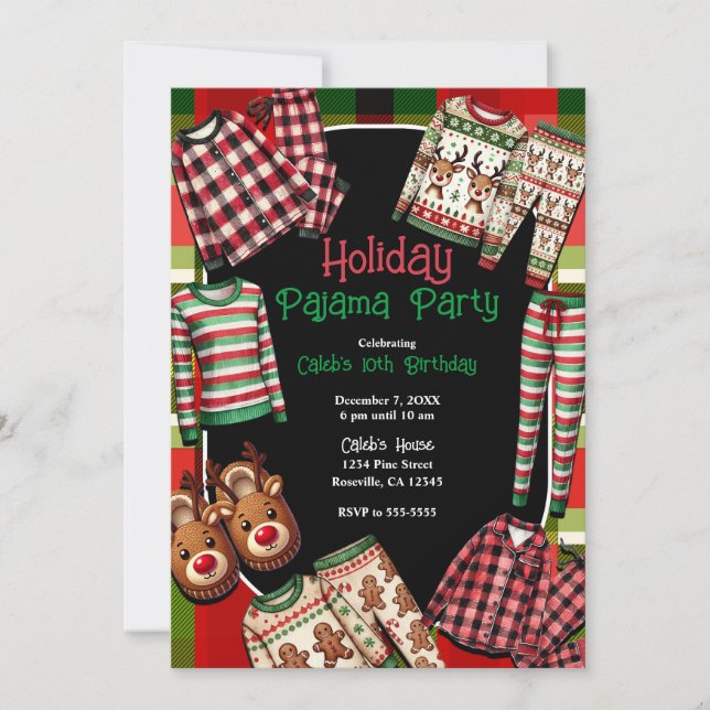 Christmas Plaid Holiday PJ's Pajama Party Birthday Invitation (Front)