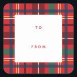 Christmas plaid holiday to from blank red gift squ square sticker<br><div class="desc">A colourful and festive plaid make this simple to and from gift label the perfect touch for all your Christmas gifts. With its reds, greens, blues, it coordinates perfectly with the Lea Delaveris Design merry and bright plaid collection of holiday cards, gifts and decor. This Christmas gift label has a...</div>