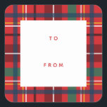 Christmas plaid holiday to from blank red gift squ square sticker<br><div class="desc">A colourful and festive plaid make this simple to and from gift label the perfect touch for all your Christmas gifts. With its reds, greens, blues, it coordinates perfectly with the Lea Delaveris Design merry and bright plaid collection of holiday cards, gifts and decor. This Christmas gift label has a...</div>