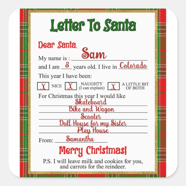 Christmas Plaid Letter to Santa Claus  Square Sticker (Front)