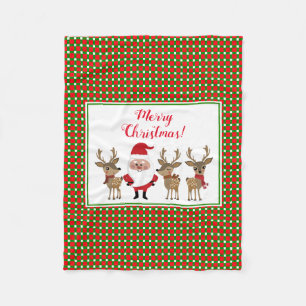 Christmas Plaid Merry Christmas Santa Reindeer Fleece Blanket