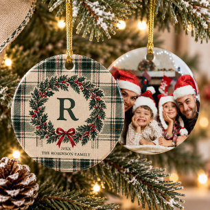 Christmas Plaid Monogram Custom Photo Wreath Ceramic Ornament