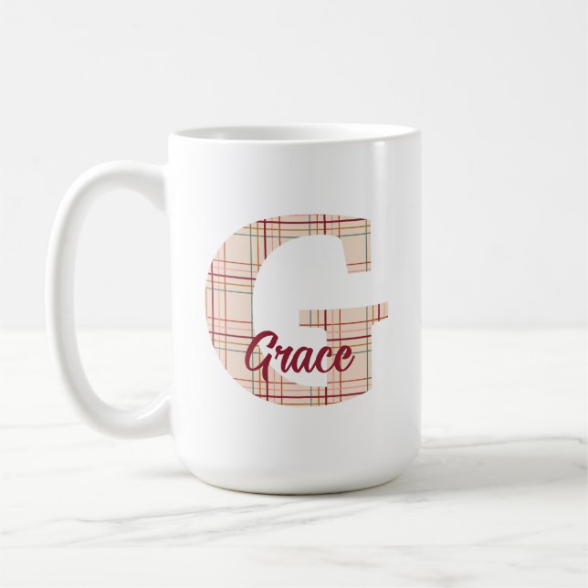 Christmas plaid monogram personalized coffee mug (Left)