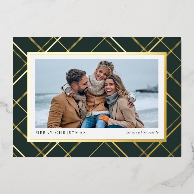 Christmas plaid one photo green gold classic foil holiday card (Front)