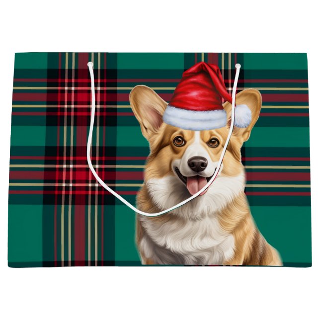 Christmas Plaid Pembroke Welsh Corgi Dog Holiday Large Gift Bag (Front)