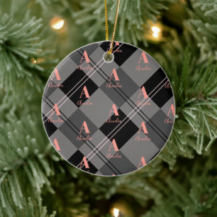 Christmas Plaid Personalized Grey Black Pink Ceramic Ornament