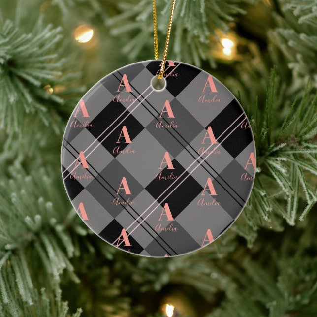 Christmas Plaid Personalized Grey Black Pink Ceramic Ornament (Tree)