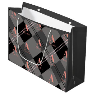 Christmas Plaid Personalized Grey Black Pink Large Gift Bag