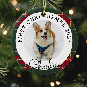 Christmas Plaid Pet's First Christmas Photo Ceramic Ornament