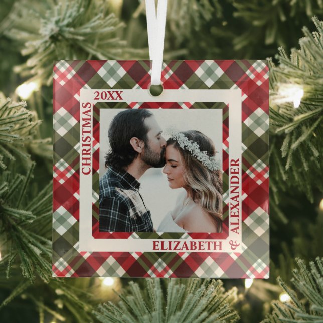 Christmas Plaid Photo Glass Ornament (Insitu)