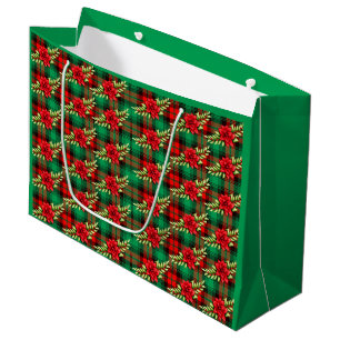 Christmas Plaid Poinsettias And Leaves Large Gift Bag