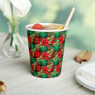 Christmas Plaid Poinsettias And Leaves Paper Cups