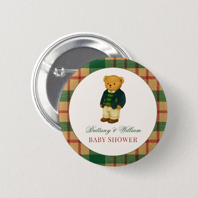 Christmas Plaid Preppy Bear Baby Shower  2 Inch Round Button (Front & Back)