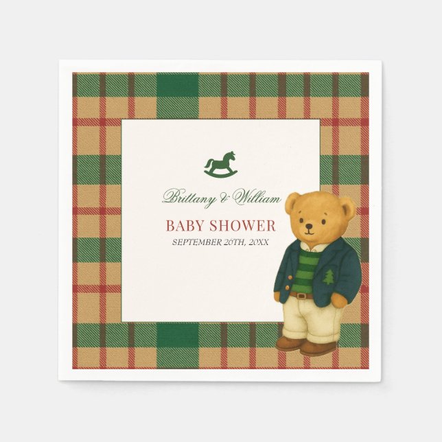 Christmas Plaid Preppy Bear Baby Shower  Napkin (Front)