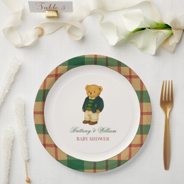 Christmas Plaid Preppy Bear Baby Shower  Paper Plate (Wedding)