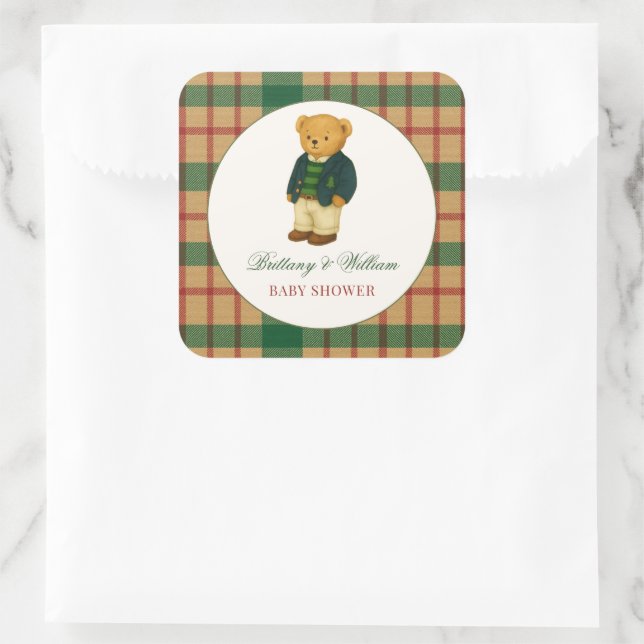 Christmas Plaid Preppy Bear Baby Shower  Square Sticker (Bag)