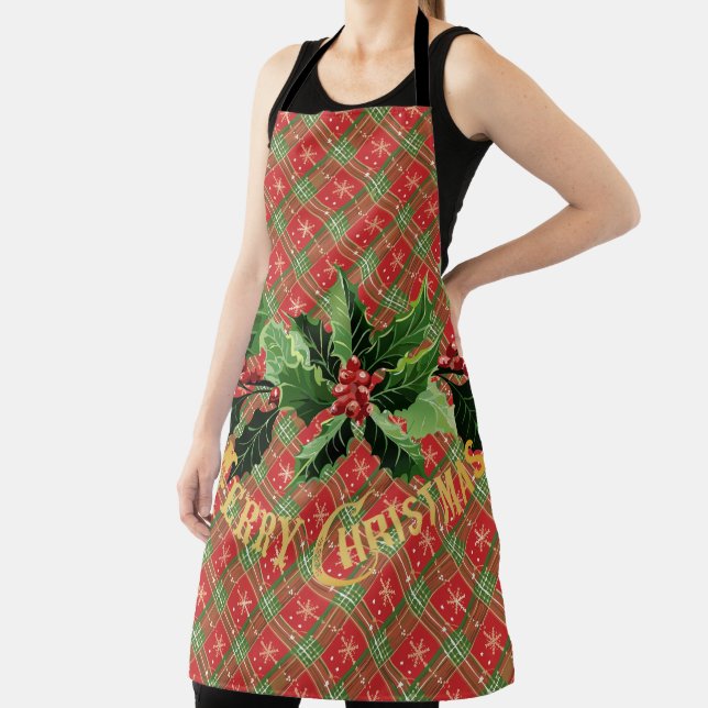 Christmas Plaid Red Gold Stars with Wreath Apron (Insitu)