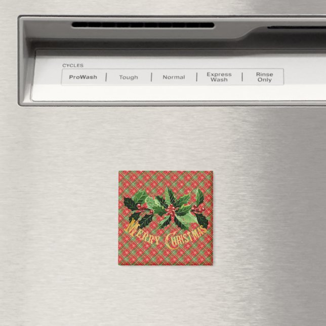 Christmas Plaid Red Gold Stars with Wreath Magnet (In Situ (Dishwasher))