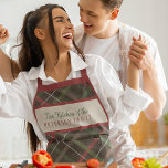 Christmas plaid red green family name personalized apron<br><div class="desc">Rustic Christmas traditional classic dark red green plaid tartan apron personalized with family name and text.</div>