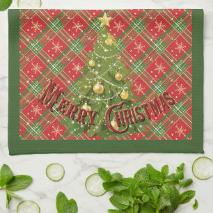 Christmas Plaid Red, Green, Gold and Tree Kitchen Towel