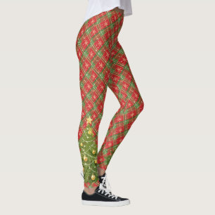Christmas Plaid Red, Green, Gold with Tree Leggings
