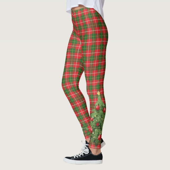 Christmas Plaid Red, Green, White with Tree Leggings (Left)