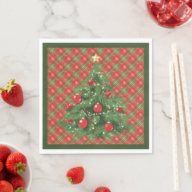 Christmas Plaid Red, Green with Gold Snowflakes Napkin (Insitu)