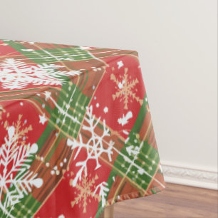 Christmas Plaid Red, Green with White Snowflakes Tablecloth
