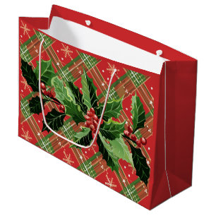 Christmas Plaid Red with Wreath Large Gift Bag