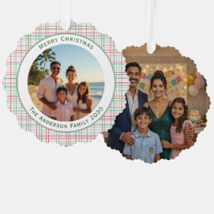 Christmas Plaid Rose Sage Easy 2 Photo Ornament Card