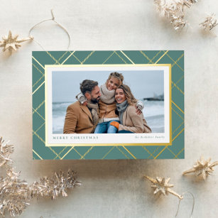 Christmas plaid sage green gold one-photo family foil holiday card