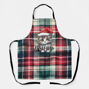 Christmas Plaid Santa Cat With Name Apron