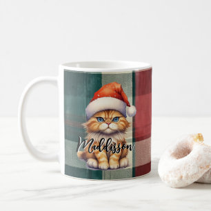 Christmas Plaid Santa Cat With Name  Coffee Mug