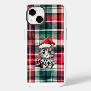 Christmas Plaid Santa Cat With Name iPhone 14 Case