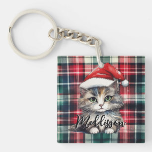 Christmas Plaid Santa Cat With Name Keychain