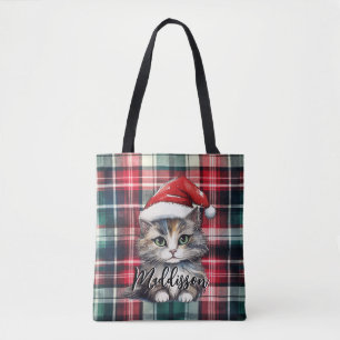 Christmas Plaid Santa Cat With Name Tote Bag