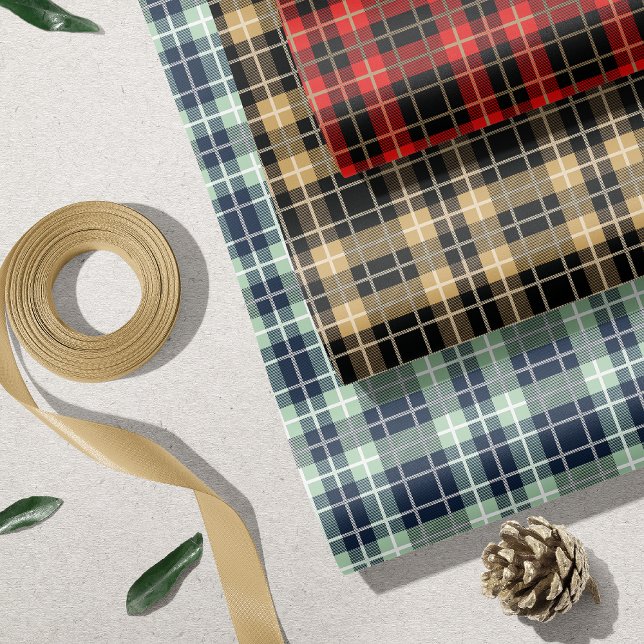 Christmas Plaid Trio Red Gold Navy Wrapping Paper Sheet (Creator Uploaded)