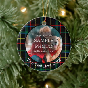Christmas Plaid, Two Photo, Two Sided Ceramic Ornament